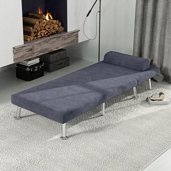 Charcoal grey sleeper chair extended into a lounge with padded headrest