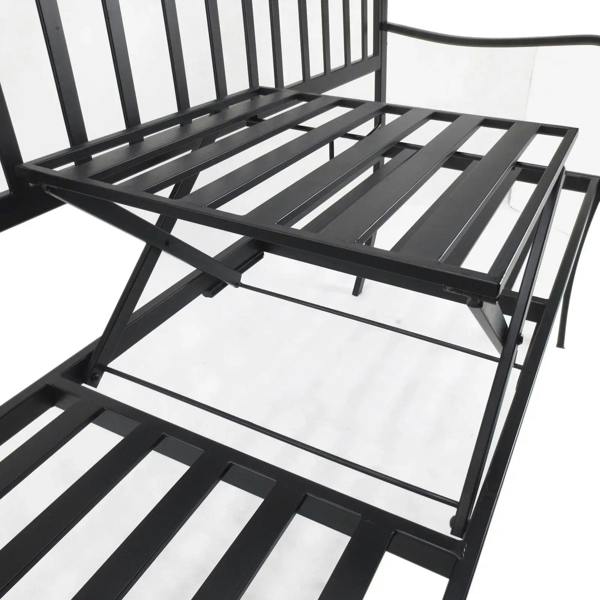 Black metal bench seat with slatted planks and folding support under the tabletop