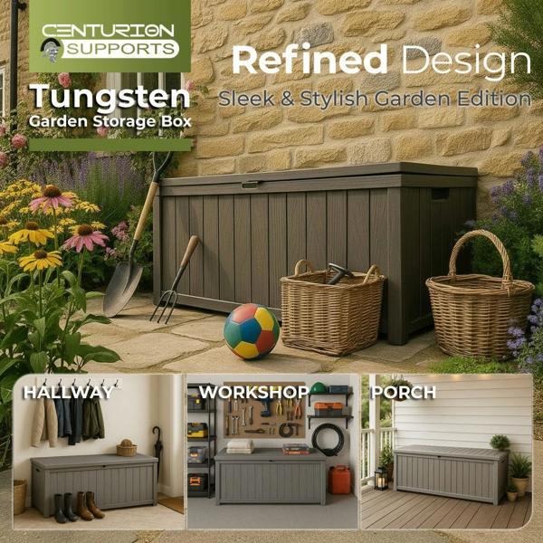 Homeology TUNGSTEN 450 Litre 119 Gallon Waterproof Extra Large Lockable Easy-Open Garden Storage Box in Grey