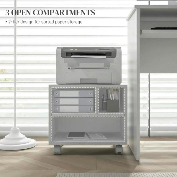 White printer cabinet with three open compartments and printer on the top shelf