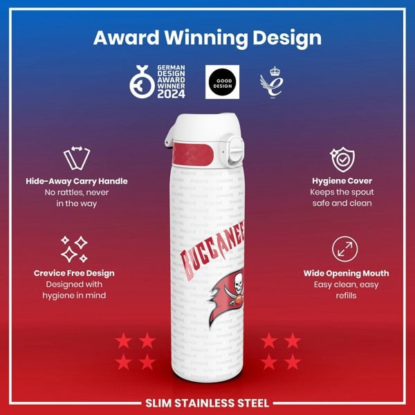 A slim stainless steel water bottle, featuring a Buccaneers design, sits prominently displayed. It boasts a hide-away handle, crevice-free design, hygiene cover, and wide mouth. Award logos are shown.