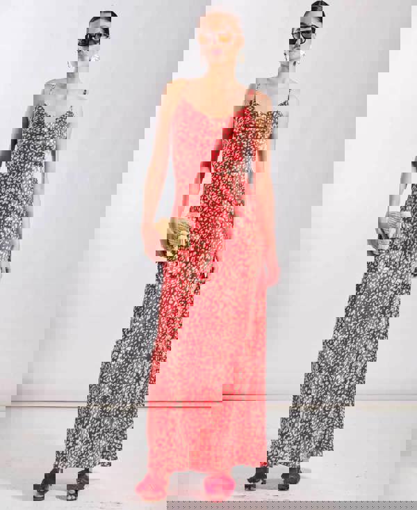 Red Animal Maxi Slip Dress Cowl Neck