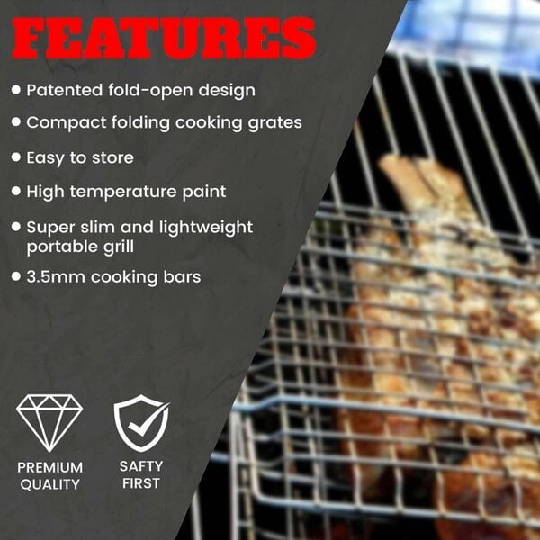 Dyzi Foldable Charcoal BBQ Grill 44x29cm Portable Camping Barbecue