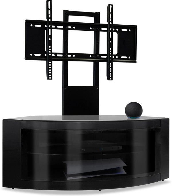 Centurion Supports PANGEA Gloss Black Beam-Thru Curved True-Corner 32"-50" TV Cabinet with Mounting Arm