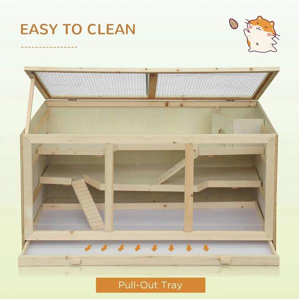 Wooden hamster cage with pull-out bottom tray and front-access opening