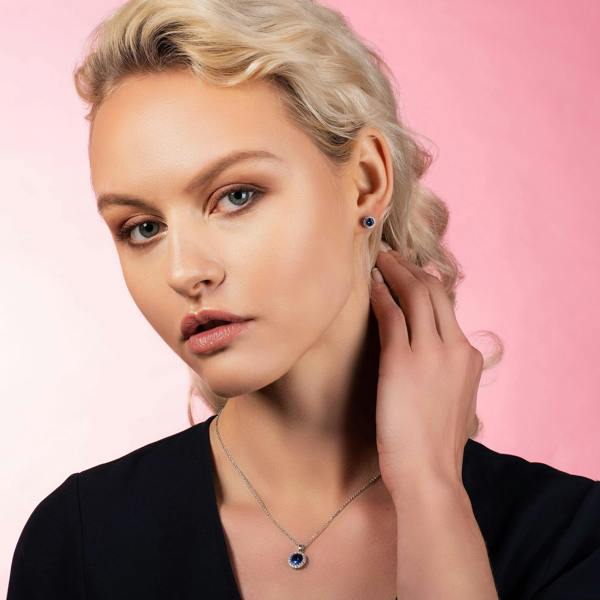 Halo Stud Earrings with Blue Cubic Zirconia Stones - namana.london