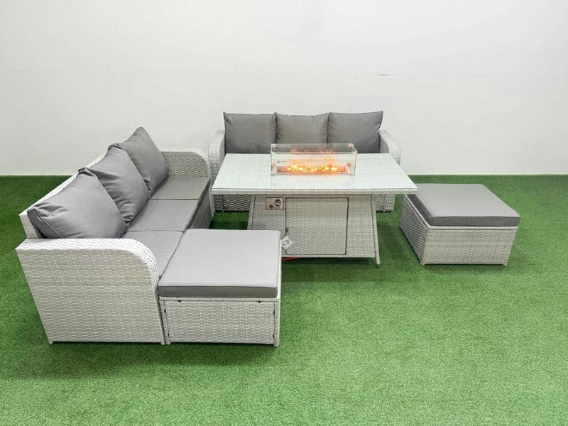 Fimous Outdoor Garden Furniture Sets 8 Seater Rattan Furniture Sofa Sets with Fire Pit Dining Table high Back Lounge Sofa 2 Big Footstool Light Grey