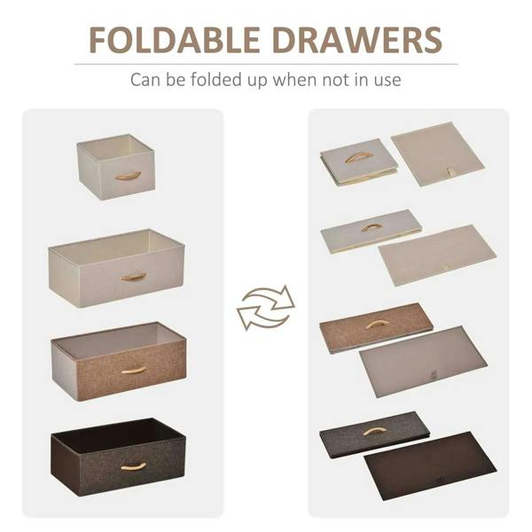 Folding drawer storage dresser tower showing beige and dark drawer bins with wooden handles
