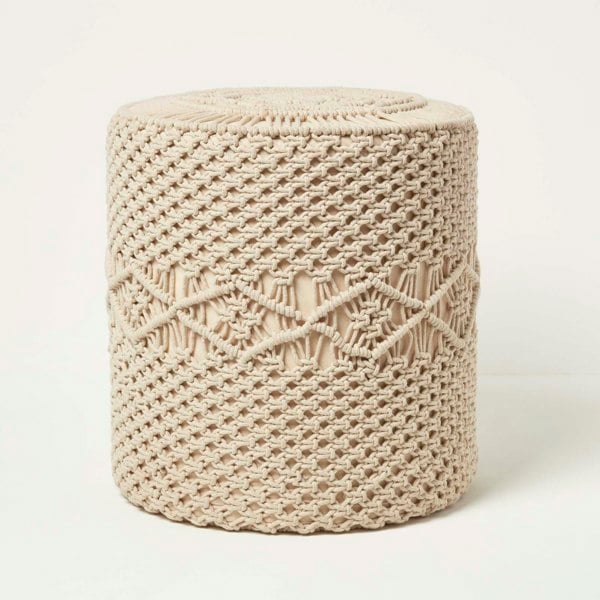 HOMESCAPES Astrid Natural Macrame Pouffe - 42 cm Tall