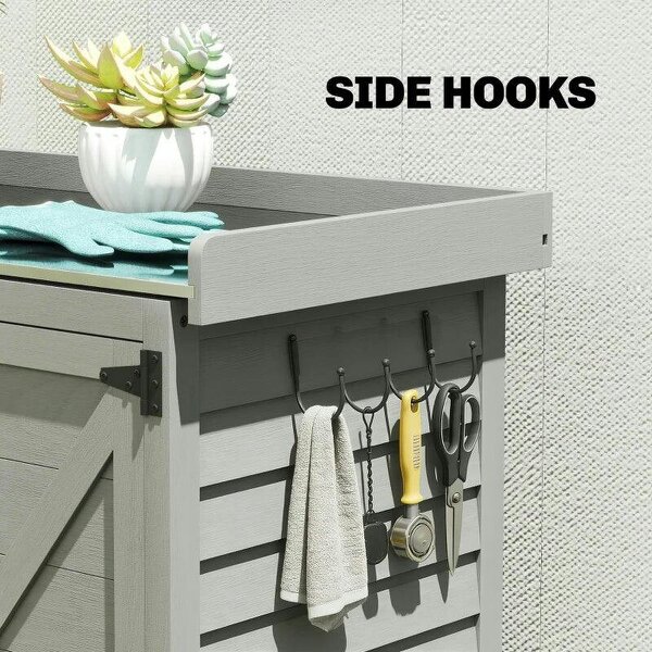Wooden Garden Shed, Garden Tool Storage Shed with Shelf and Side Hooks, 71.5 x 39 x 95 cm, Grey