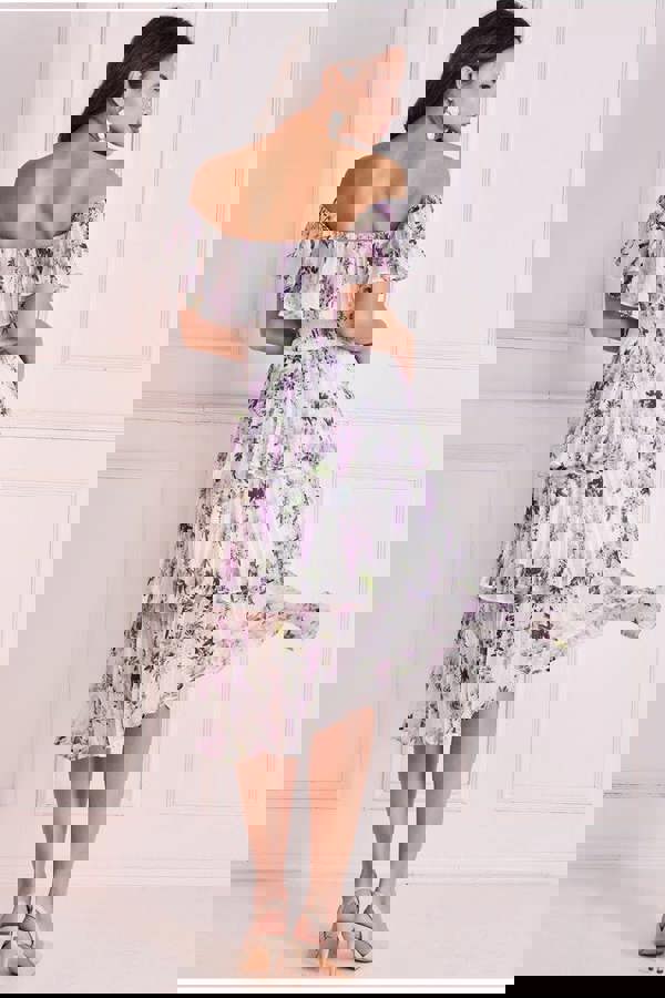 Shirred Chiffon Floral Bardot Midi Dress - Multi DR3810QZ