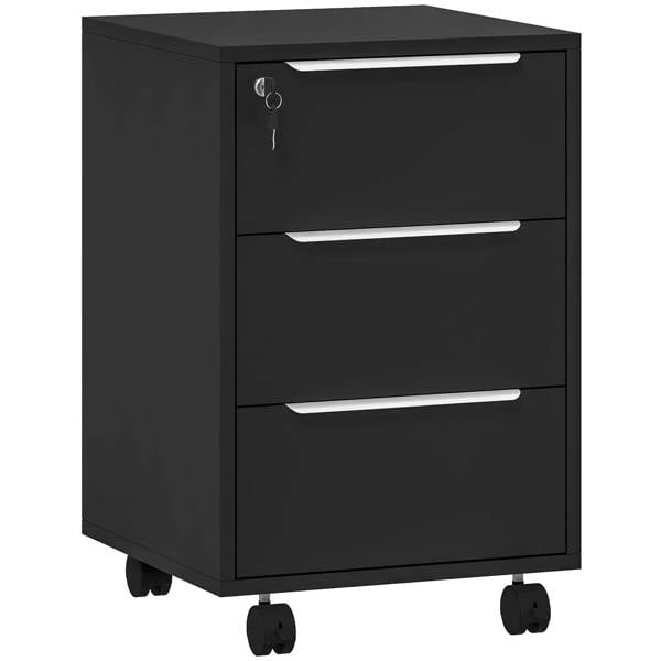 Black three-drawer locking filing cabinet with three front drawers, key lock, and caster wheels