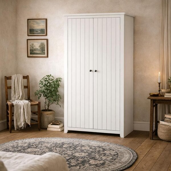 Wyld Haus Tralee Panelled White Washed Wooden 2 Door Wardrobe