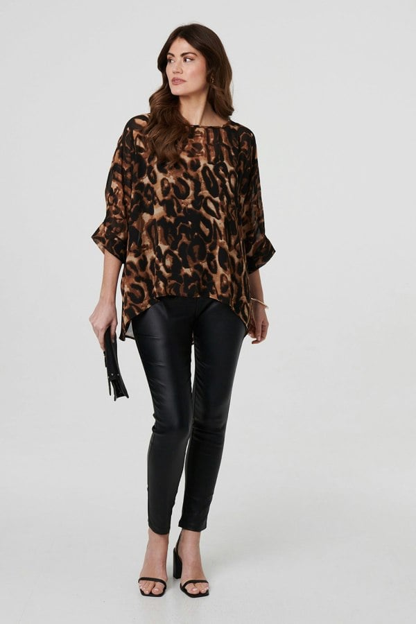 Brown | Animal Print 3/4 Sleeve Blouse Top
