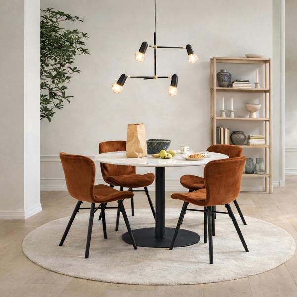 Furniture To Go Corby Round Dining Table with White Polished Marble Top & Black Base includes 4 Batilda Dining Chairs in Copper