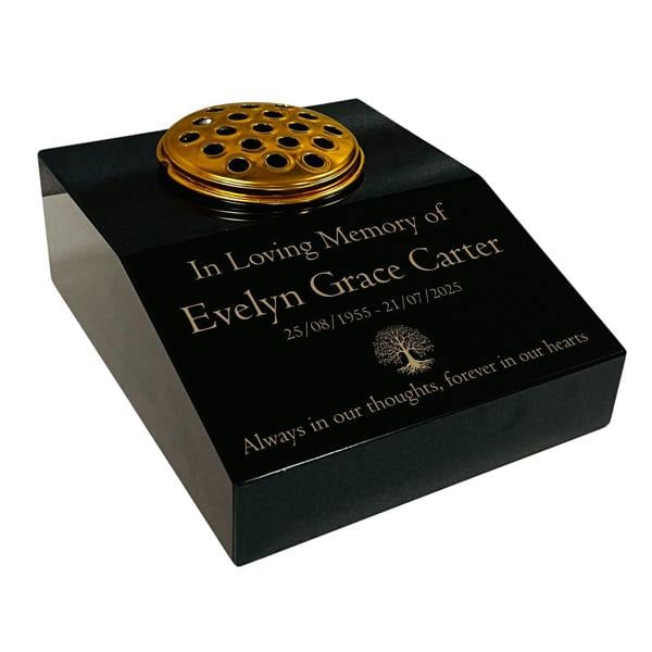 Memorials Direct Black Granite Sloping Memorial Desk with Vase – Tree of Life, Free Gold Engraving