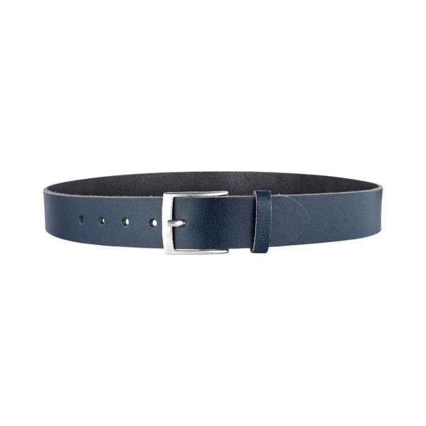 Navy blue belt with a silver buckle on a white background