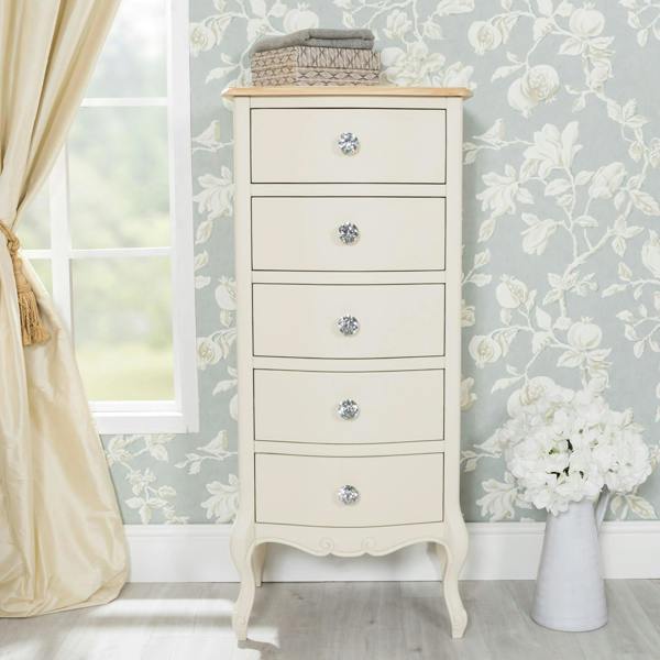Juliette Tallboy 5 Drawer with Crystal Handles French Style Bedroom Chest