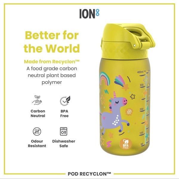 ION8 Leak Proof Kids Water Bottle, Recyclon, Yellow Unicorns, 350ml (12oz)