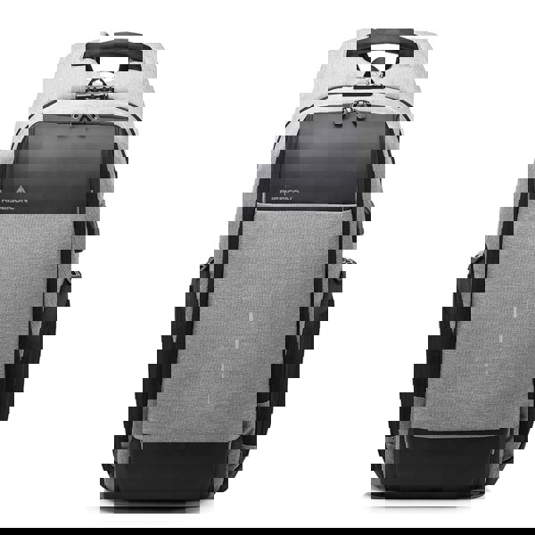 Gray and black backpack with ASECON branding on a white background