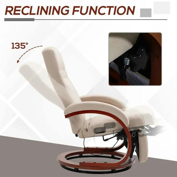 Beige manual recline swivel chair showing raised footrest and reclined back position