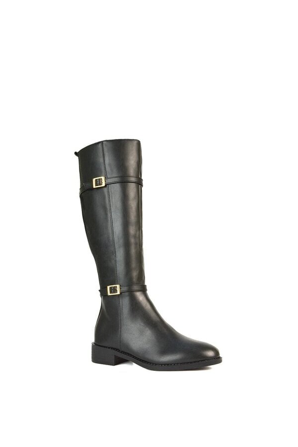 XY LONDON Flat Heel Stretch Knee High Long Boots With Buckle Details