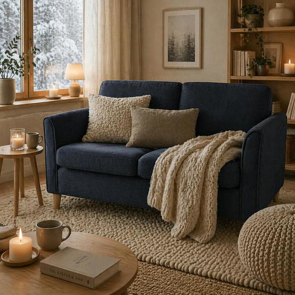 Wyld Haus Dilita Dark Blue Compact 2 Seater Sofa With Wooden Legs And Armrests
