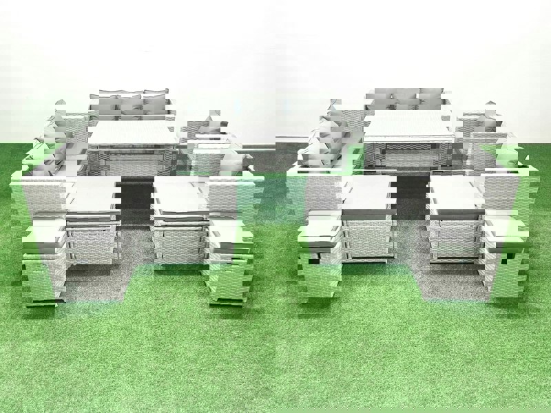 Fimous Rattan Garden Furniture Dining Set 12 Seater Lounge Sofa Chair Dining Table Set with 4 Footstools Light Grey Mixed
