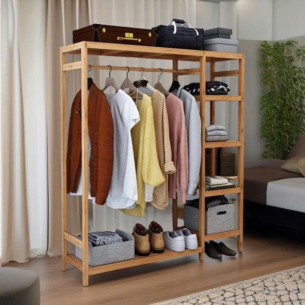 BMBO Natural Wooden Wooden Clothes Rail With 5 Shelves Open Wardrobe Garment Rail Garment Rack