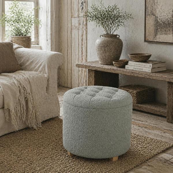 Wyld Haus Valefi Teddy Fleece Light Grey Storage Ottoman Diamond Tufted Lid