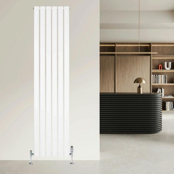 Flat single column radiator in sleek white finish, measuring 1800 x 420mm, mounted on a modern wall in a stylish interior setting