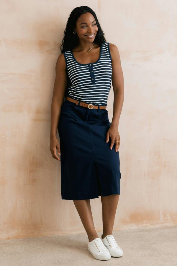 Lily & Me Morwenna Stretch Twill Midi Skirt Navy
