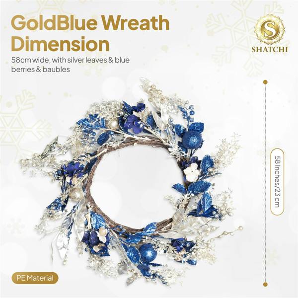 58cm Gold and Blue Baubles Wreath, Artificial PE Christmas Door Decoration image 5