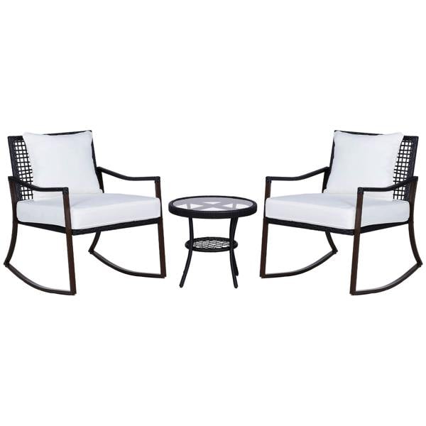 Wyld Haus Madile Brown Rattan 3 Piece Bistro Set With Rocking Chairs And Round Glass Coffee Table