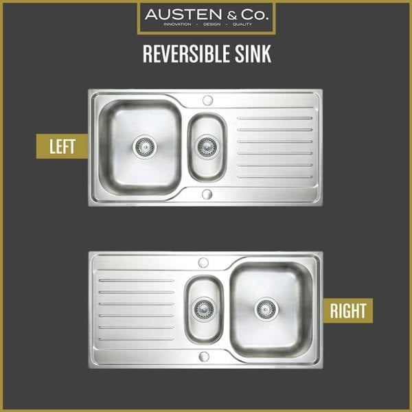 Austen & Co. Napoli Stainless Steel Inset Reversible 1.5 Bowl Kitchen Sink With Drainer. Lifetime Guarantee, Fast Delivery