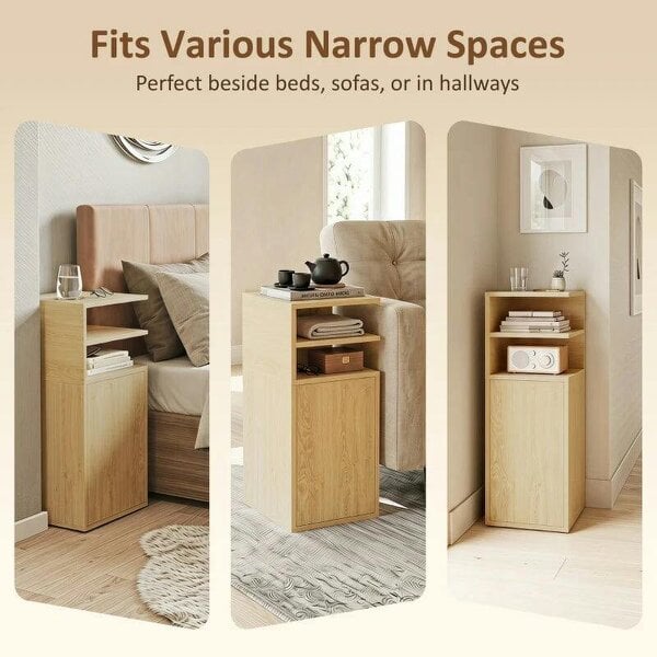 Slim Bedside Table Set of 2, Narrow Bedside Cabinet with Open Cubbies and Cupboard for Bedroom Living Room, Oak