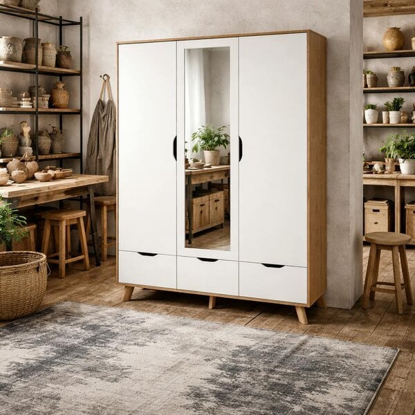 Wyld Haus Lira Jackson Hickory Oak Wood and White Wardrobe 3 Doors  2 Drawers with Mirror