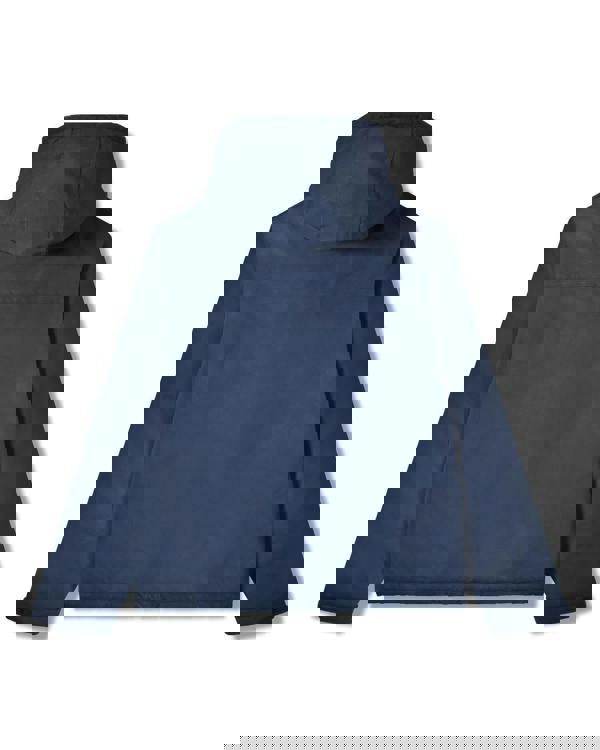 Lambretta Mens Padded Hooded Classic Badge Jacket Coat, navy blue padded jacket with a hood and long sleeves, designed for warmth and style.