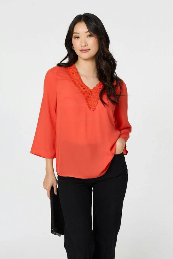 Orange | Lace Trim 3/4 Flare Sleeve Blouse