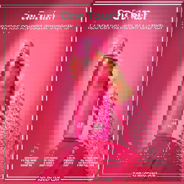 A pink water bottle is held; its flip top opens one-handed. The bottle features a triple lock security and is 100% leak-proof. The context is a pink background.