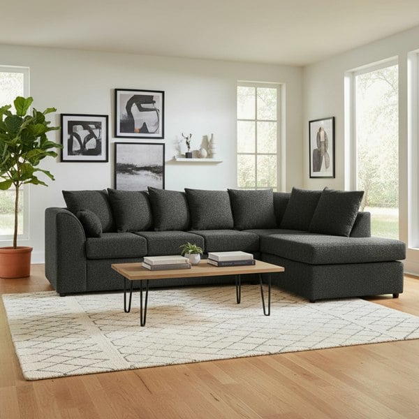 Furnishings For Less Paris Boucle Charcoal 5 Seater L Shaped Corner Sofa