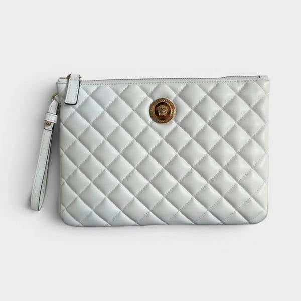 Versace Logo Medusa Quilted Pouch White Gold Tone