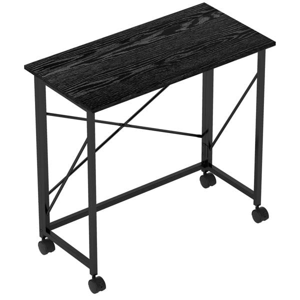 Black folding desk on wheels with dark wood-look top, metal frame, caster legs