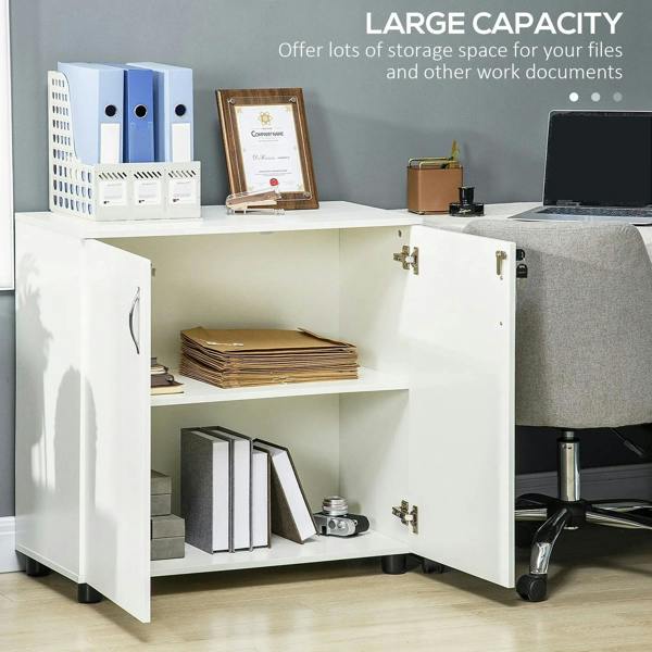 White two-tier locking cabinet with open doors and spacious shelving for office supplies