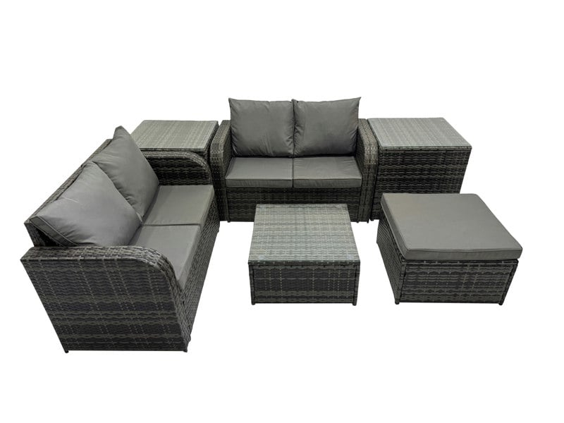 Fimous Rattan Garden Outdoor Furniture Set Love Sofa Square Coffee Table Set with 2 Side Table Big Stool Dark Grey Mixed