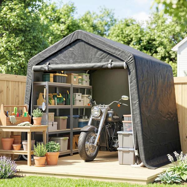 Outsunny Garden Storage Tent Bike Shed w/ Metal Frame & Zipper Doors, Grey
