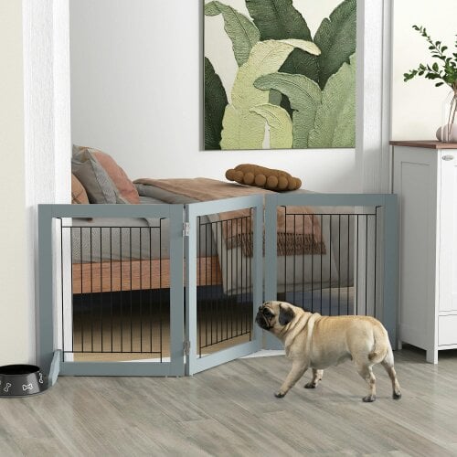 PawHut Foldable Wooden Pet Gate w/ 3 Panels 2 Support Feet for Small Dogs - Grey