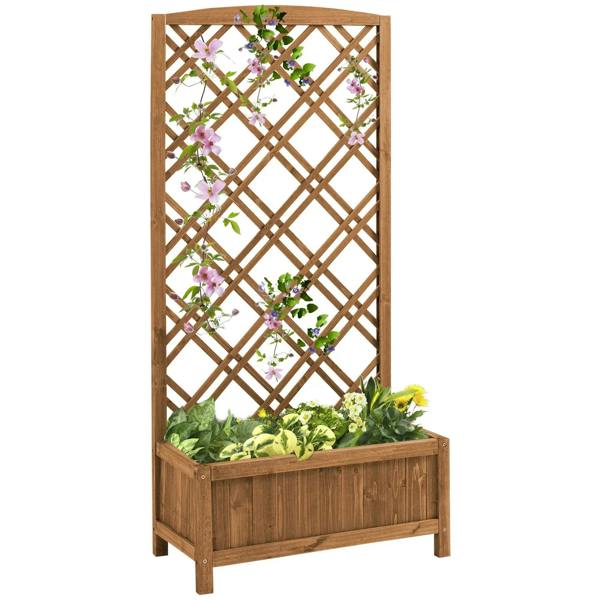 Brown wooden raised planter with lattice trellis, filled with flowers and greenery