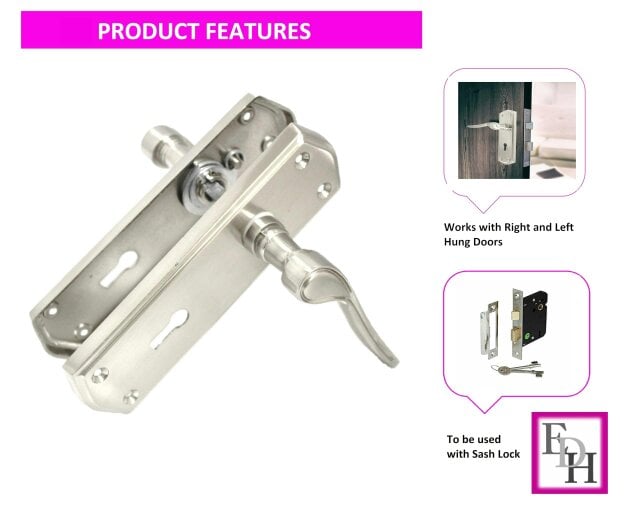 EDH Door Hardware Premium Satin Nickel Internal Lock Door Handles with Long Back Plate and 3 Lever Mortise Sash Lock - Stellar Design