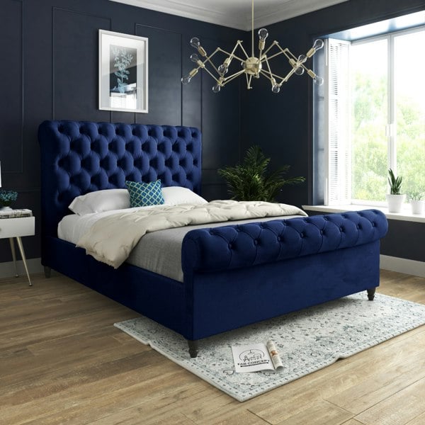 Casa Magna Sienna Sleigh Upholstered Soft Velvet Bed Frame - Blue